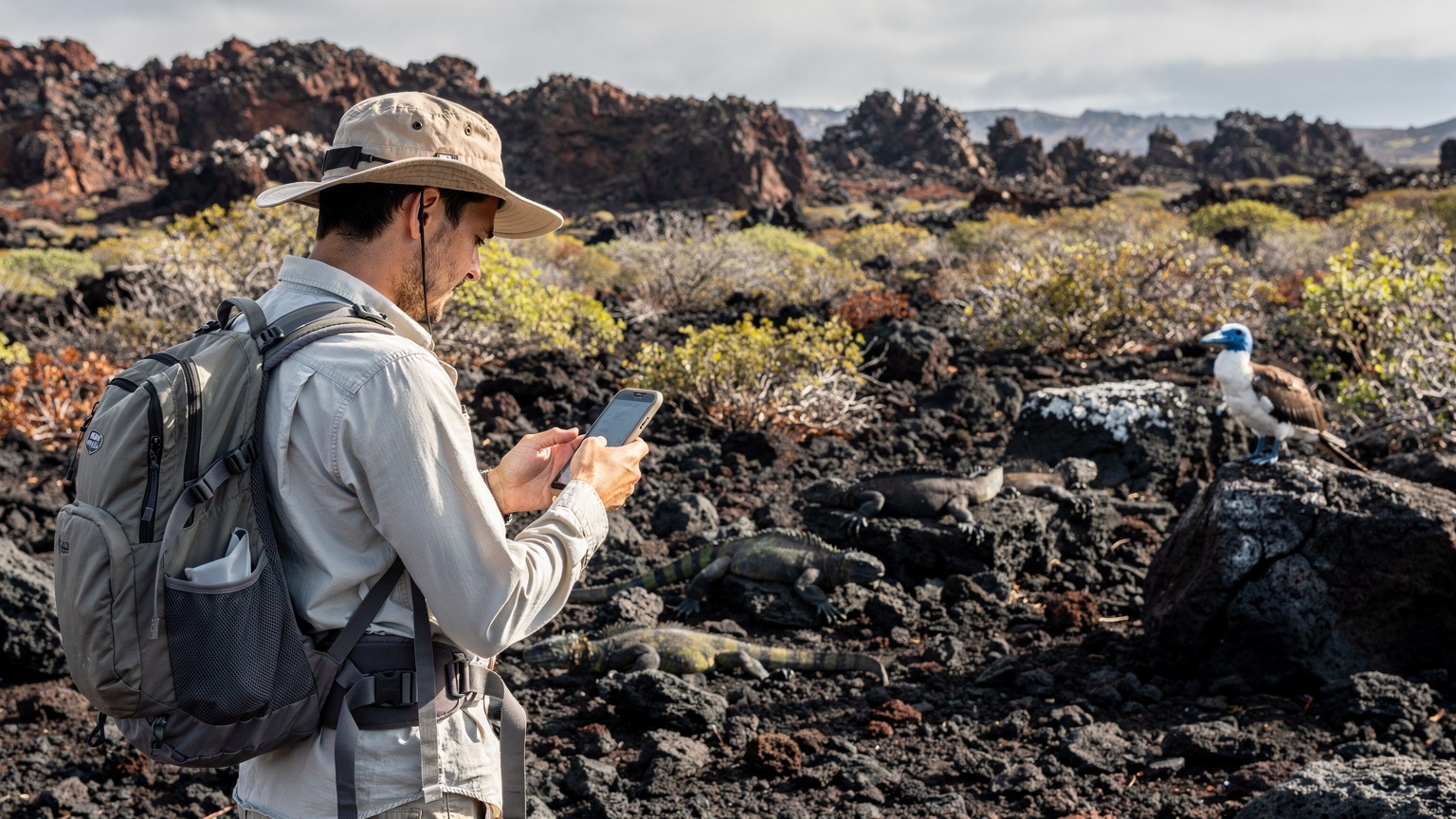 エクアドルのガラパゴス諸島で、スマートフォンで地図アプリを確認している旅行者。オフラインマップの利用をイメージ。