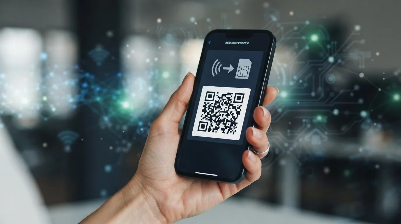 Ilustración de un teléfono móvil mostrando el proceso de instalación de una eSIM mediante un código QR.
