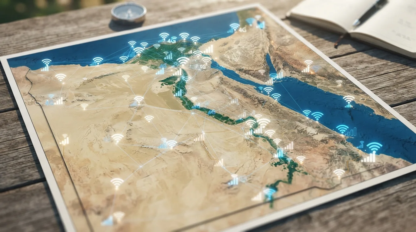 Un mapa estilizado de Egipto con iconos de conectividad, representando la cobertura de red para viajeros.