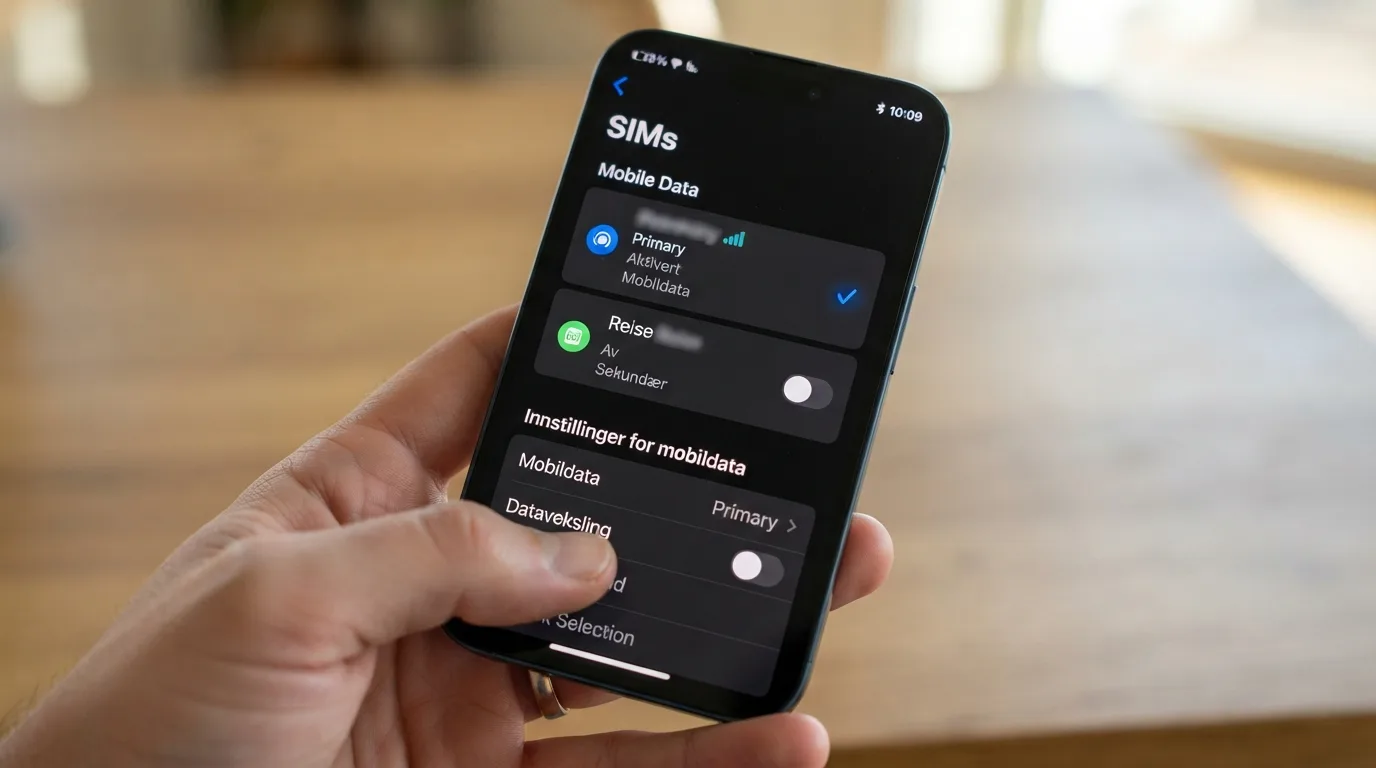 En hånd holder en smarttelefon som viser innstillinger for mobilnett, med fokus på valg av eSIM-profil for databruk.