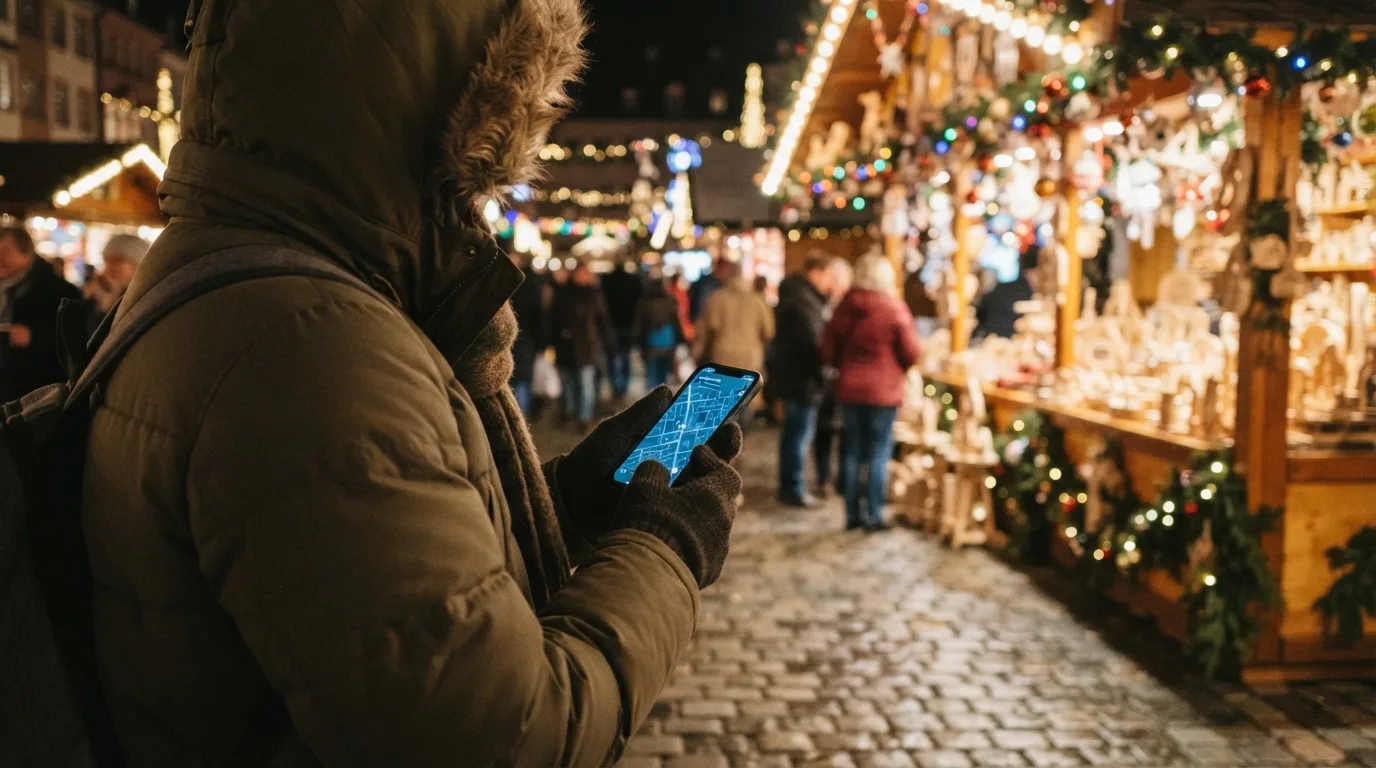 En person studerer et offlinekart på en smarttelefon mens de står foran en julemarkedbod i Tyskland.