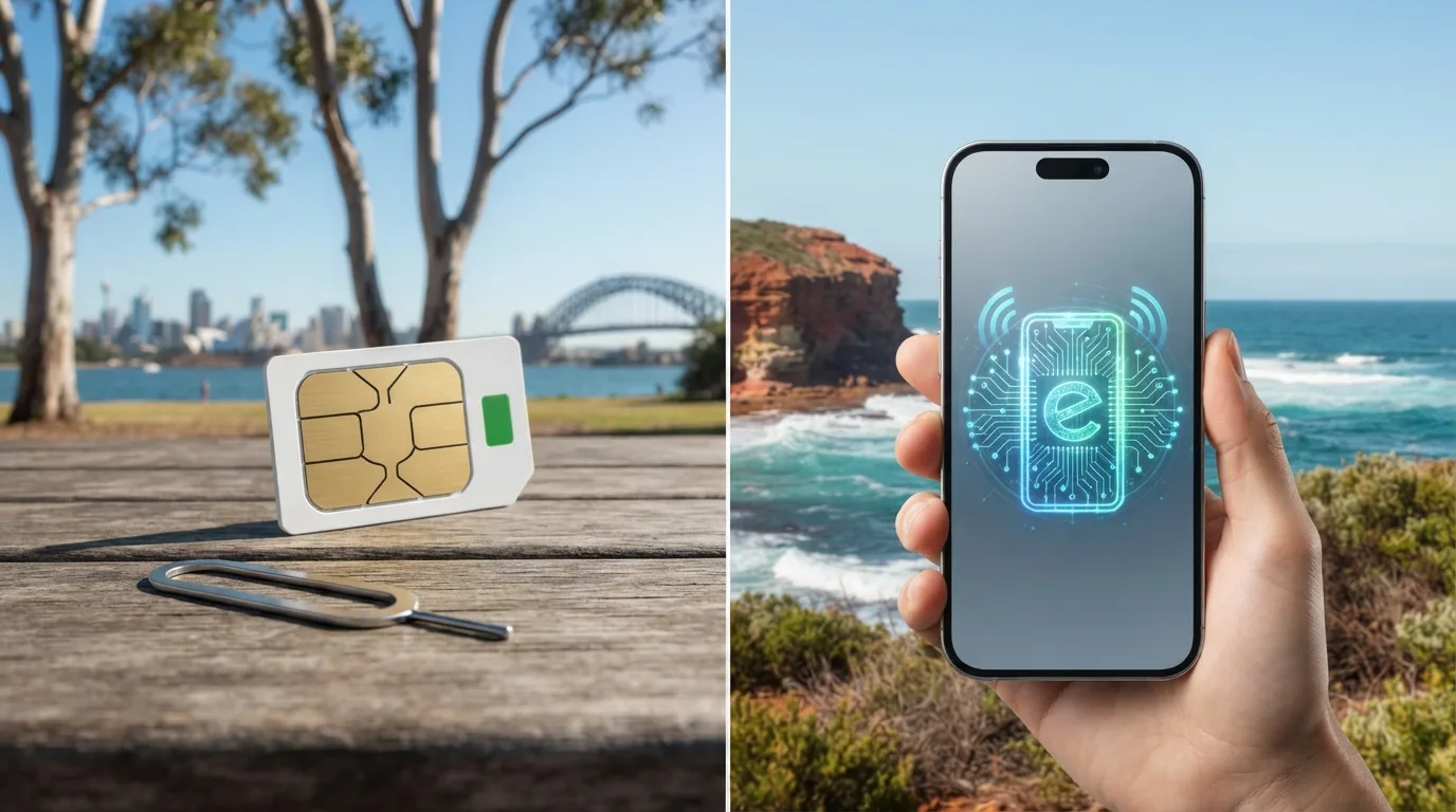 Perbandingan visual antara kad SIM fizikal Maxis dan ikon eSIM digital, menunjukkan pilihan data untuk pengembara Malaysia ke Australia.