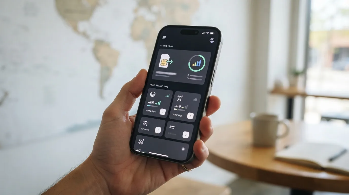 Smartfon wyświetlający interfejs aplikacji do zarządzania eSIM, z widocznymi opcjami pakietów danych.