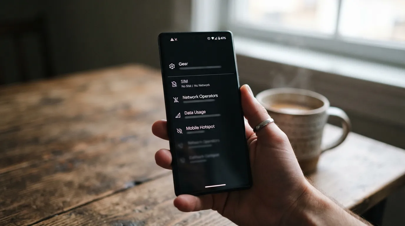 Ręka trzymająca smartfon z ikoną braku zasięgu, symbolizującą problemy z łącznością, z opcjami ustawień sieci w tle.