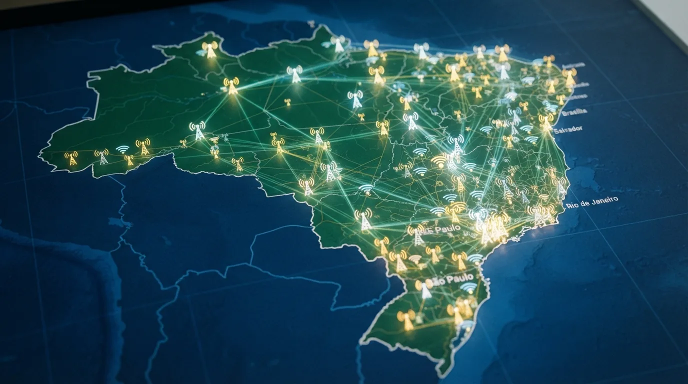 Um mapa do Brasil com pontos de rede móvel, mostrando a cobertura de internet para turistas.