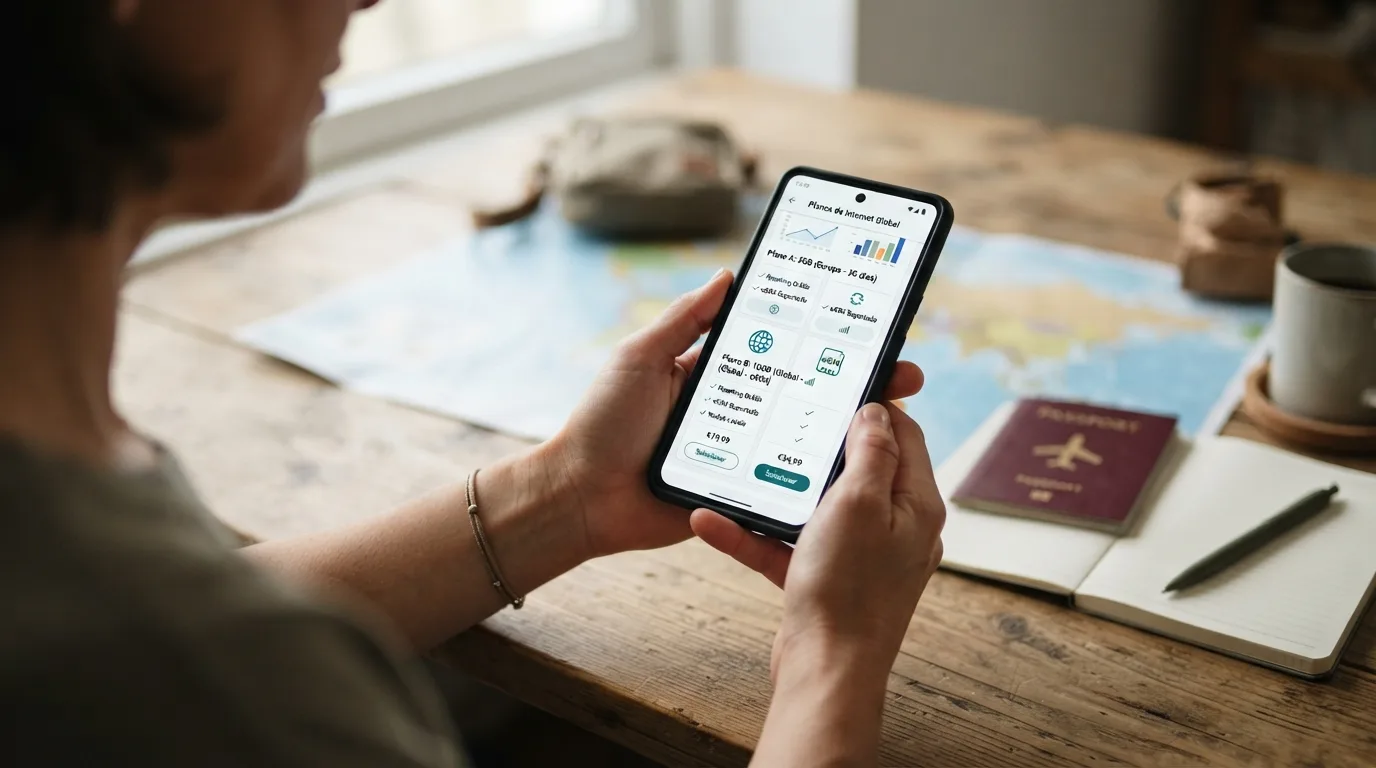 Uma pessoa a comparar opções de planos de internet móvel num telemóvel, com ícones de roaming e eSIM.