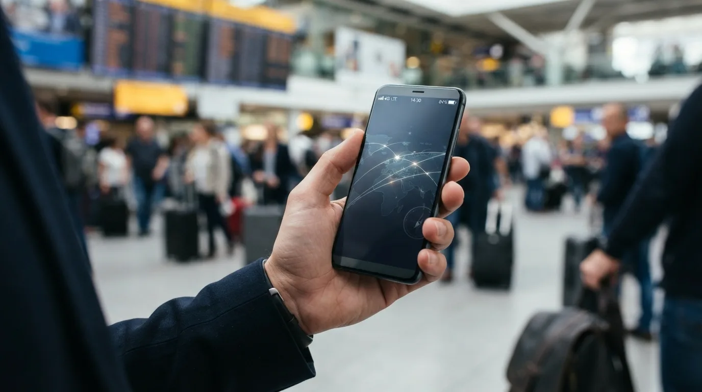Un smartphone affichant des icônes de réseau et de données, symbolisant une connectivité fiable en voyage.