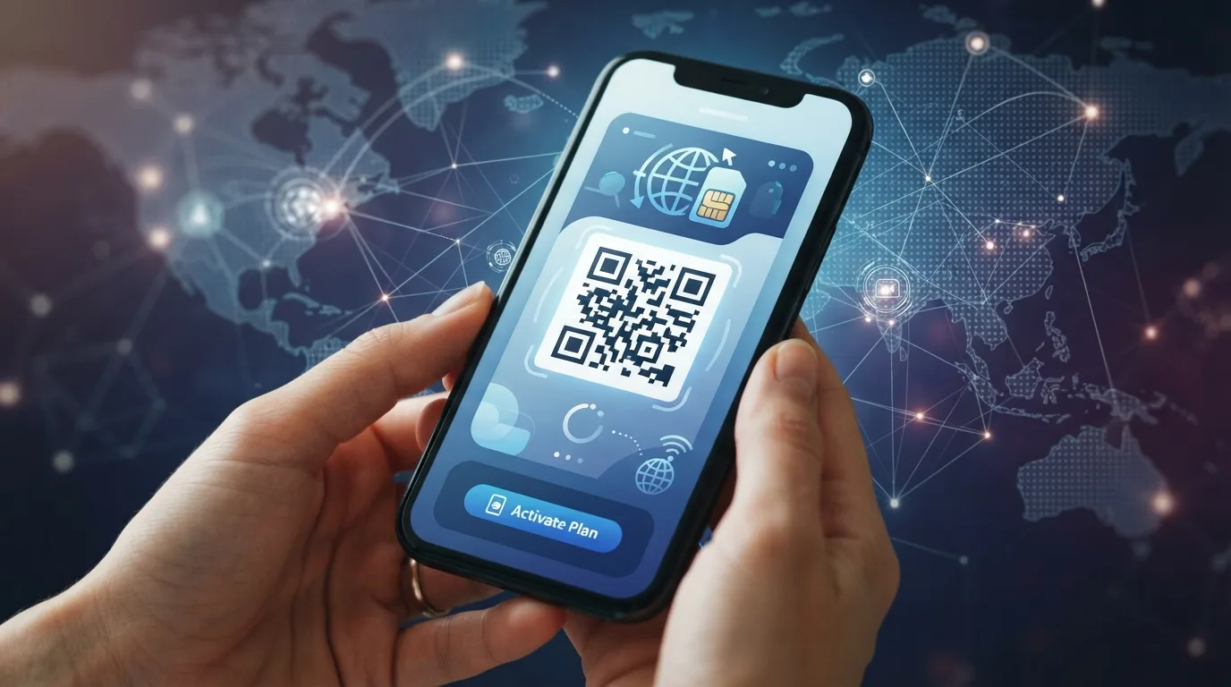 Ilustrace digitální SIM karty (eSIM) v chytrém telefonu, symbolizující snadnou aktivaci datového tarifu.