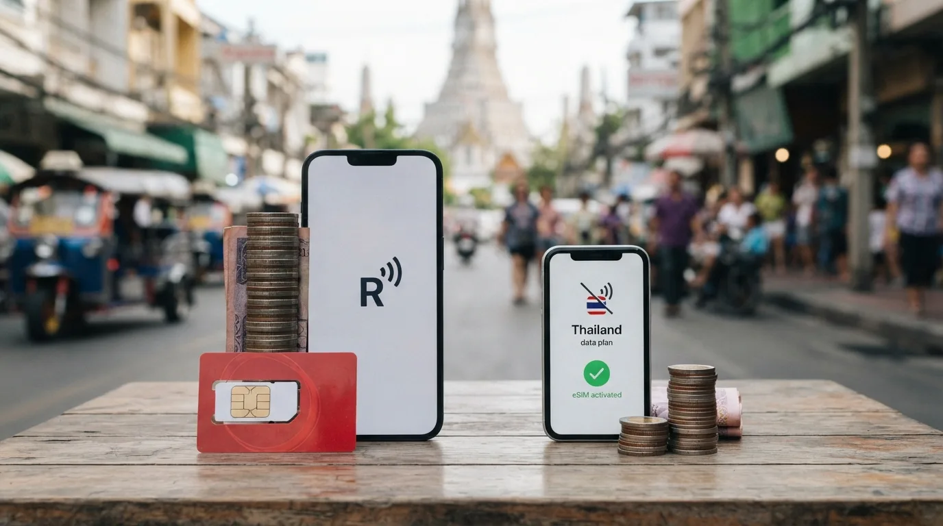 Grafické srovnání nákladů na data mezi tradičním roamingem a eSIM pro cestování do Thajska.