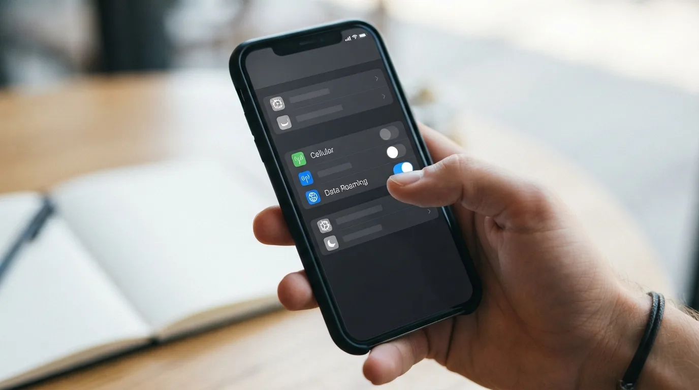 Eine schematische Darstellung der Aktivierung von Datenroaming auf einem Smartphone, mit Symbolen für Einstellungen und Mobilfunkdaten.