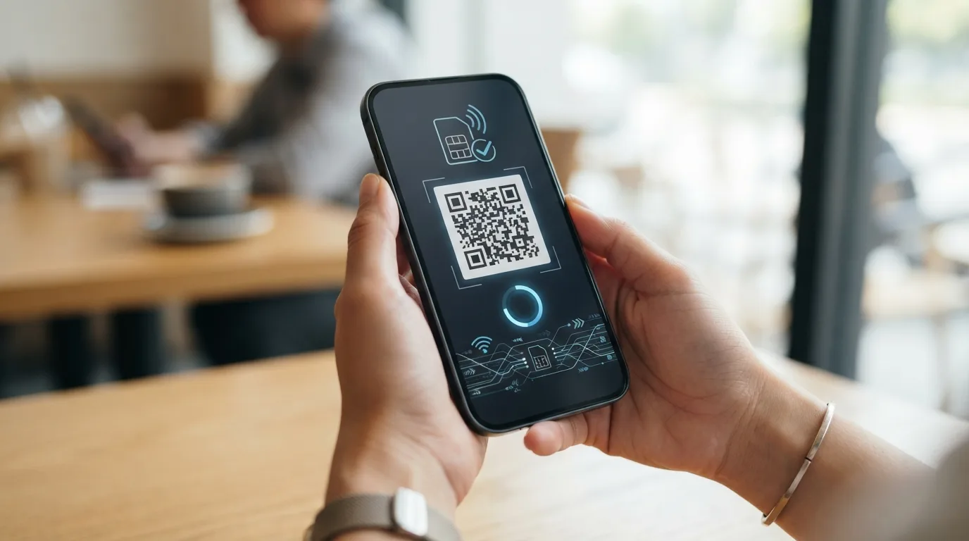 Ein Smartphone-Bildschirm, der die Installation einer eSIM über einen QR-Code zeigt, mit einem Fokus auf die digitale Natur der eSIM-Aktivierung.