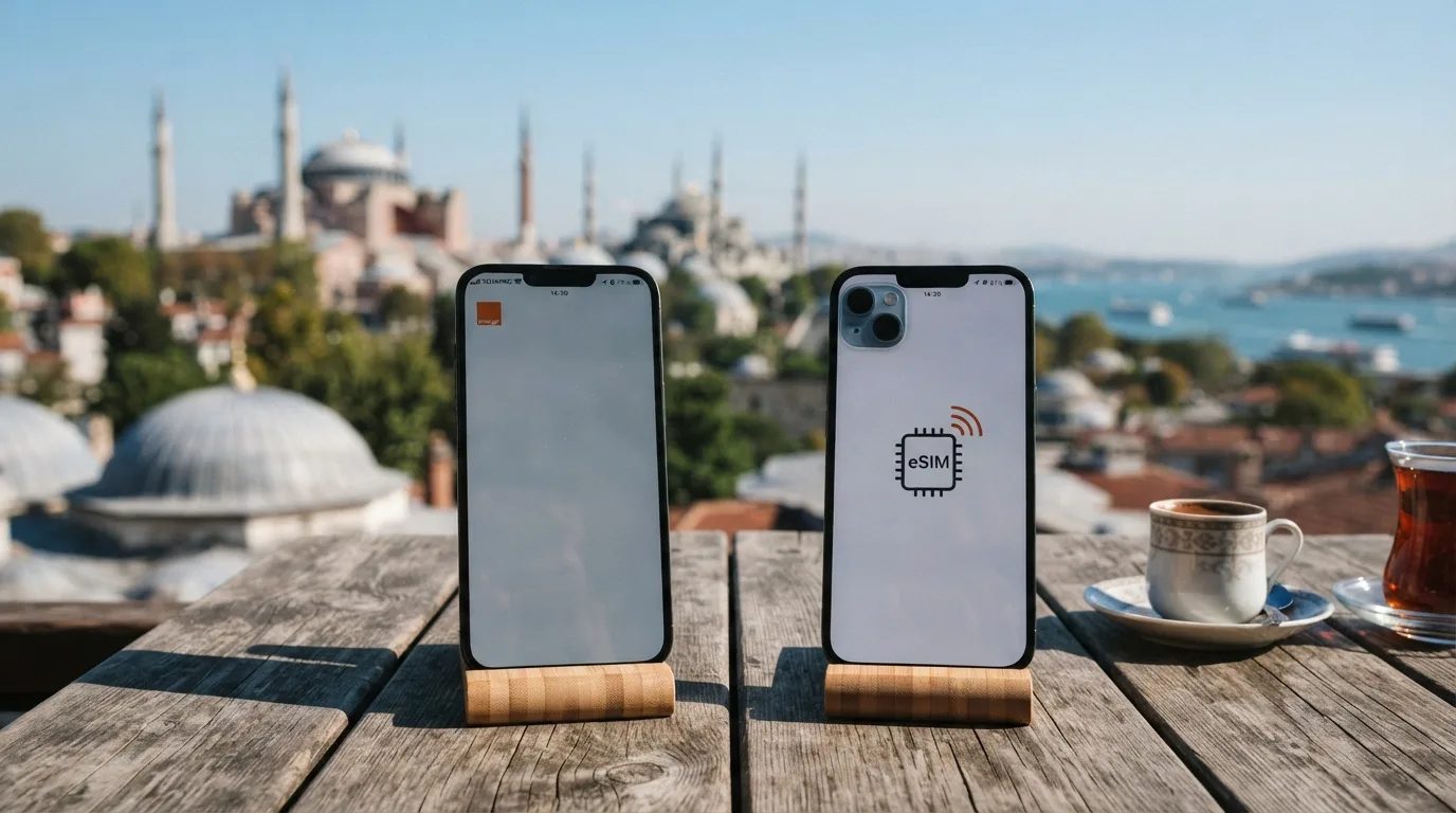 Porównanie dwóch smartfonów, jeden z widocznym logo Orange, drugi z symbolem eSIM, na tle tureckiego krajobrazu.