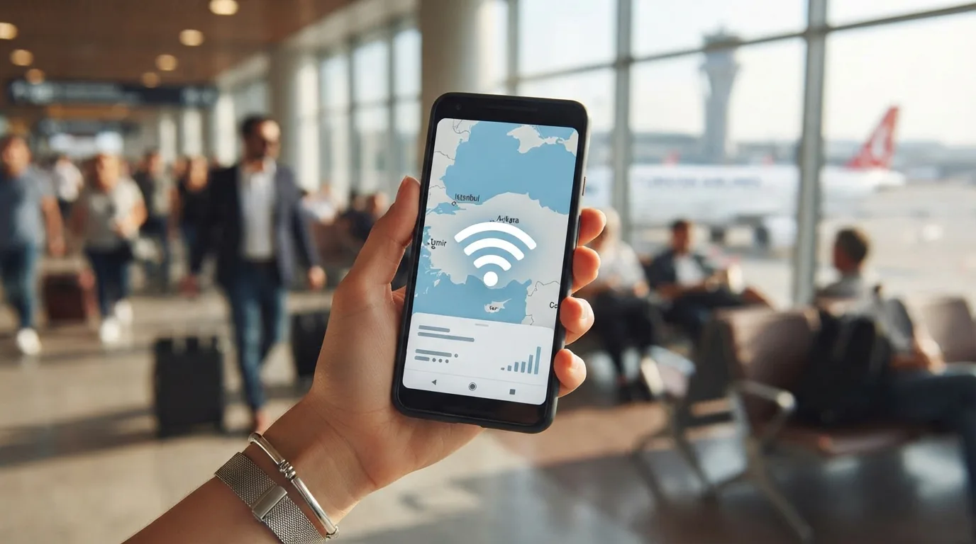 Ręka trzymająca smartfon z ikoną Wi-Fi i mapą Turcji, symbolizująca oszczędzanie danych i korzystanie z lokalnych sieci.