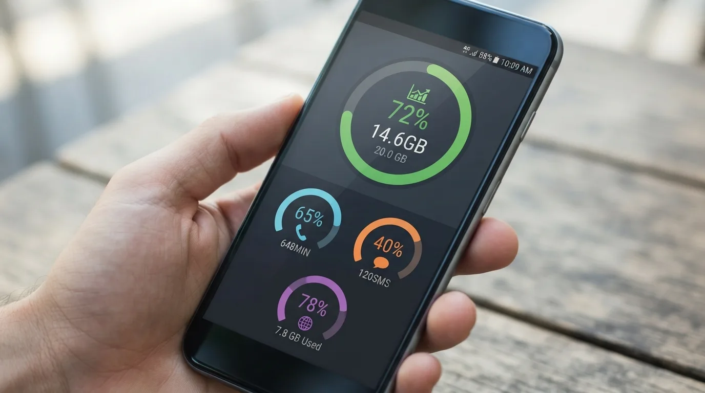 Bir akıllı telefon ekranında mobil veri kullanımını gösteren grafikler ve kalan paket bilgilerini içeren bir arayüz.