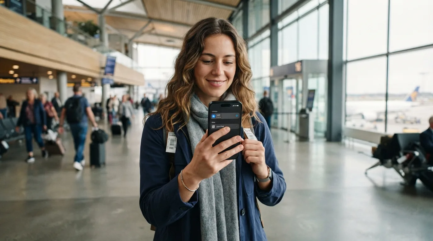 Žena drží smartfón s aktívnou eSIM, v pozadí moderné letisko, symbolizujúce jednoduché pripojenie na cestách.