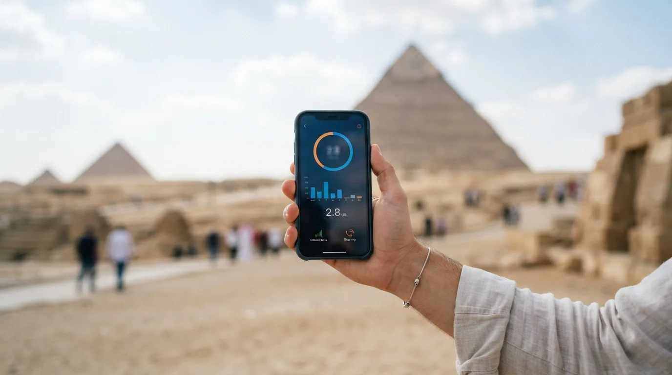 Ruka držiaca smartfón s otvorenou aplikáciou na sledovanie spotreby dát, v pozadí rozmazaná turistická atrakcia v Egypte.