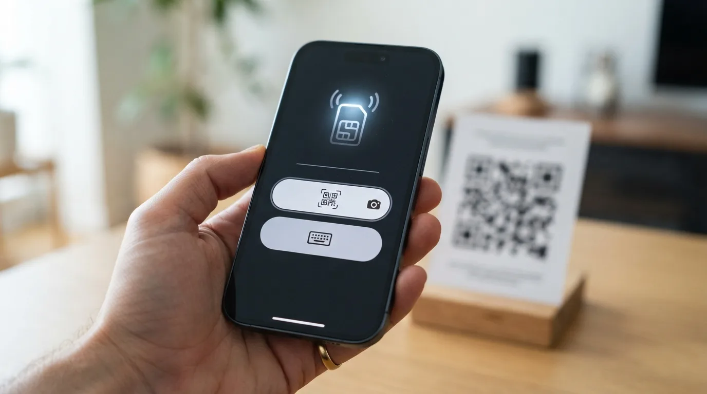 En smartphone-skærm, der viser trinene til at tilføje et eSIM via en QR-kode i telefonens indstillinger.