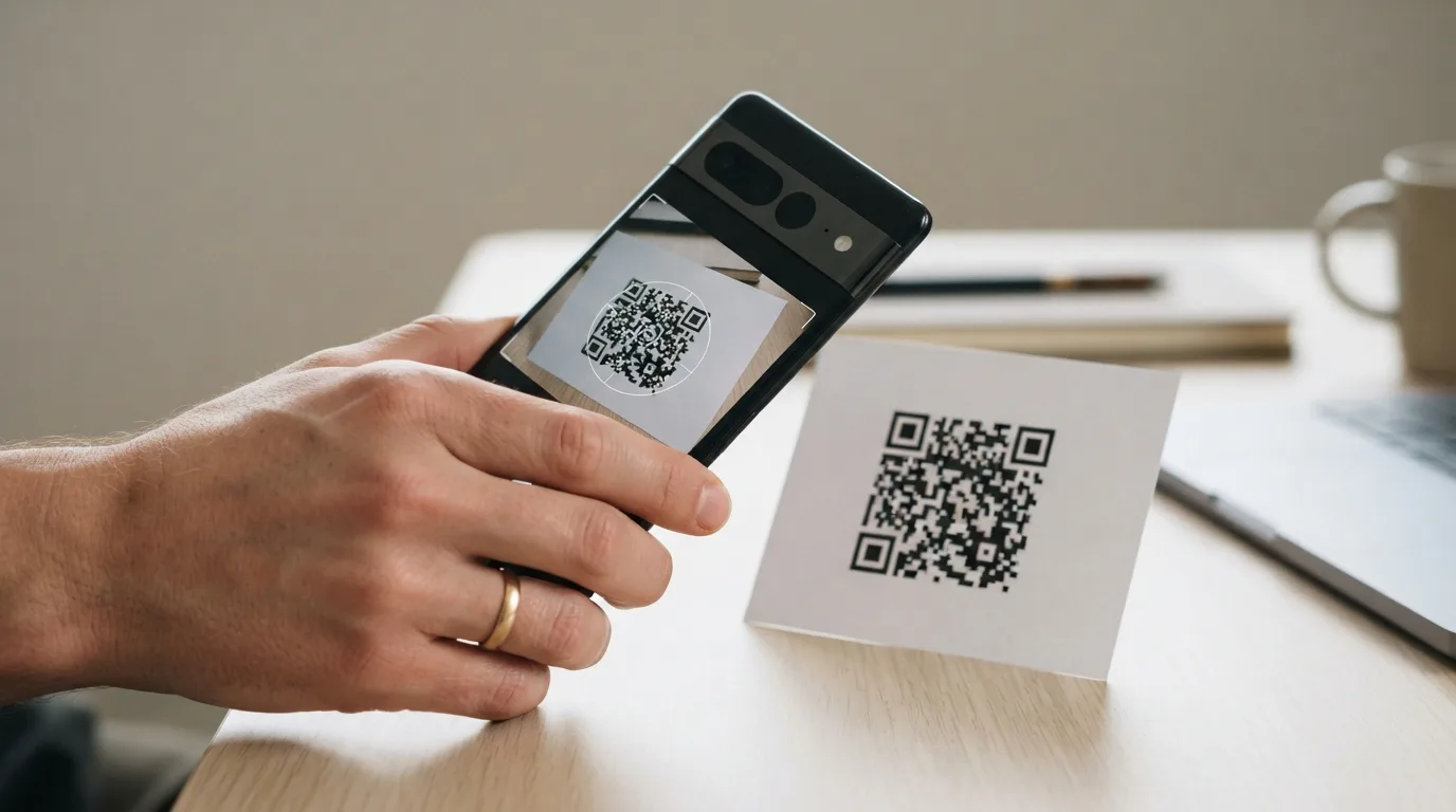 Uma pessoa a instalar um eSIM num smartphone, com um QR code visível no ecrã, simbolizando a ativação digital de um plano de dados.