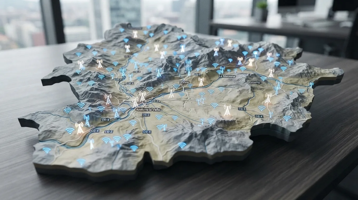 Um mapa de Andorra com ícones de rede móvel, representando a cobertura de internet no país.