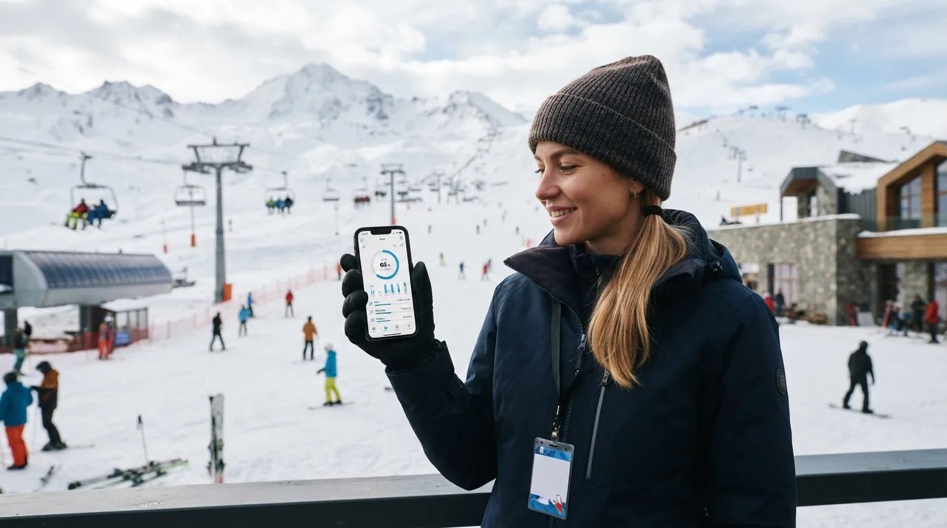 Žena drží smartphone s aktivní eSIM, na pozadí moderní lyžařské středisko v Gudauri.