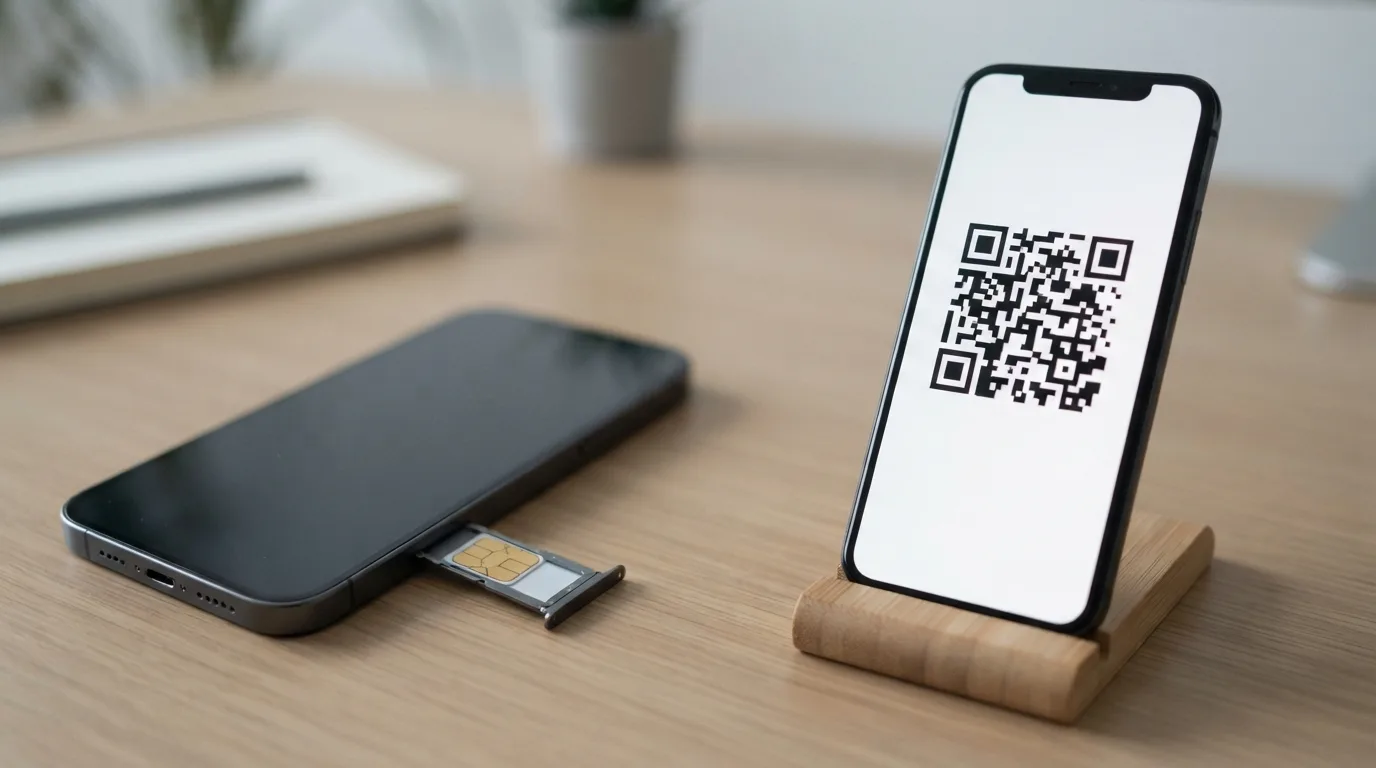 Porovnání fyzické SIM karty a QR kódu pro eSIM, zdůrazňující digitální povahu eSIM.