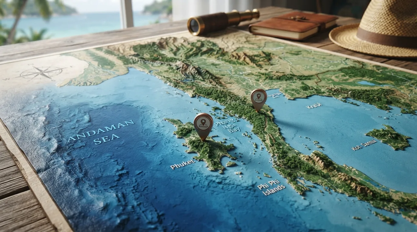 Peta Thailand dengan penanda lokasi di Krabi dan Phuket, menunjukkan destinasi percutian pantai yang popular untuk musim sejuk.