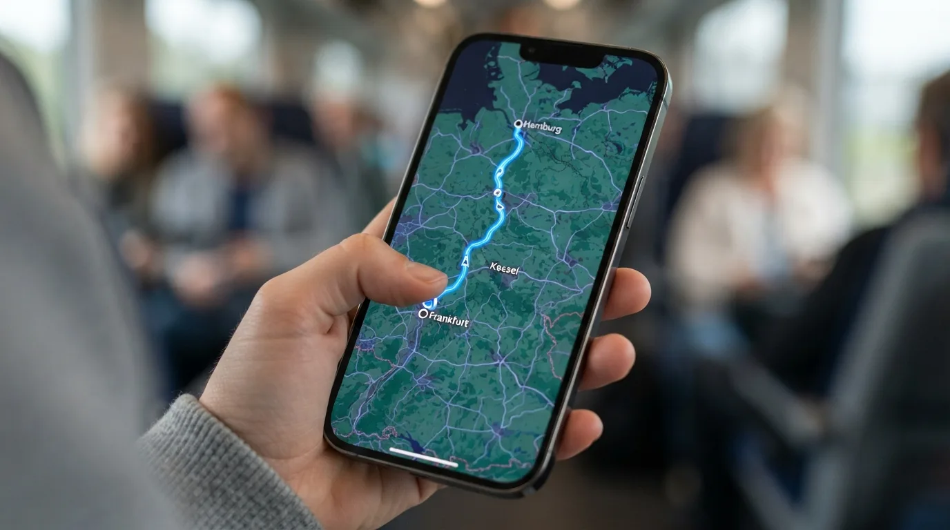 Zbliżenie na ekran smartfona wyświetlający mapę Niemiec z zaznaczoną trasą, symbolizujące łatwość nawigacji i dostępu do internetu dzięki eSIM.