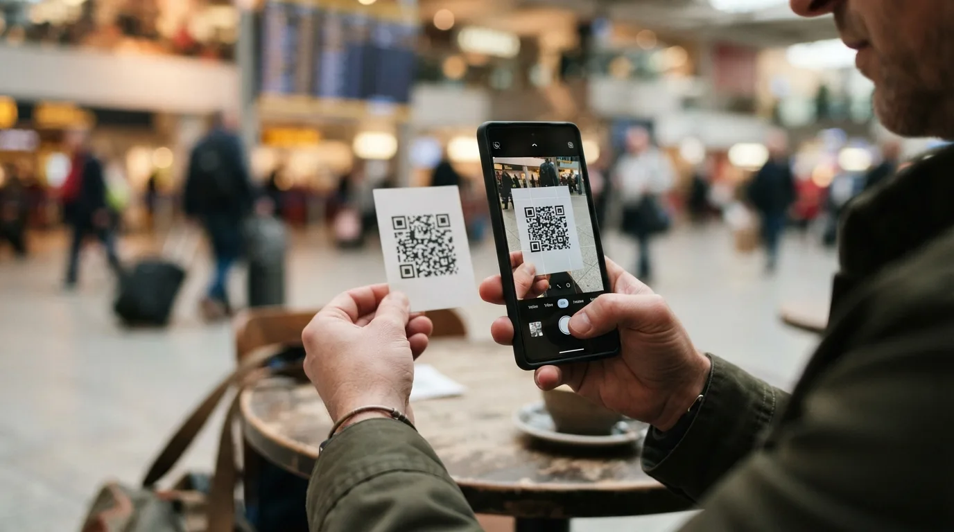 Une personne utilisant un smartphone pour scanner un code QR, symbolisant l'installation facile d'une eSIM pour un voyage au Sénégal.