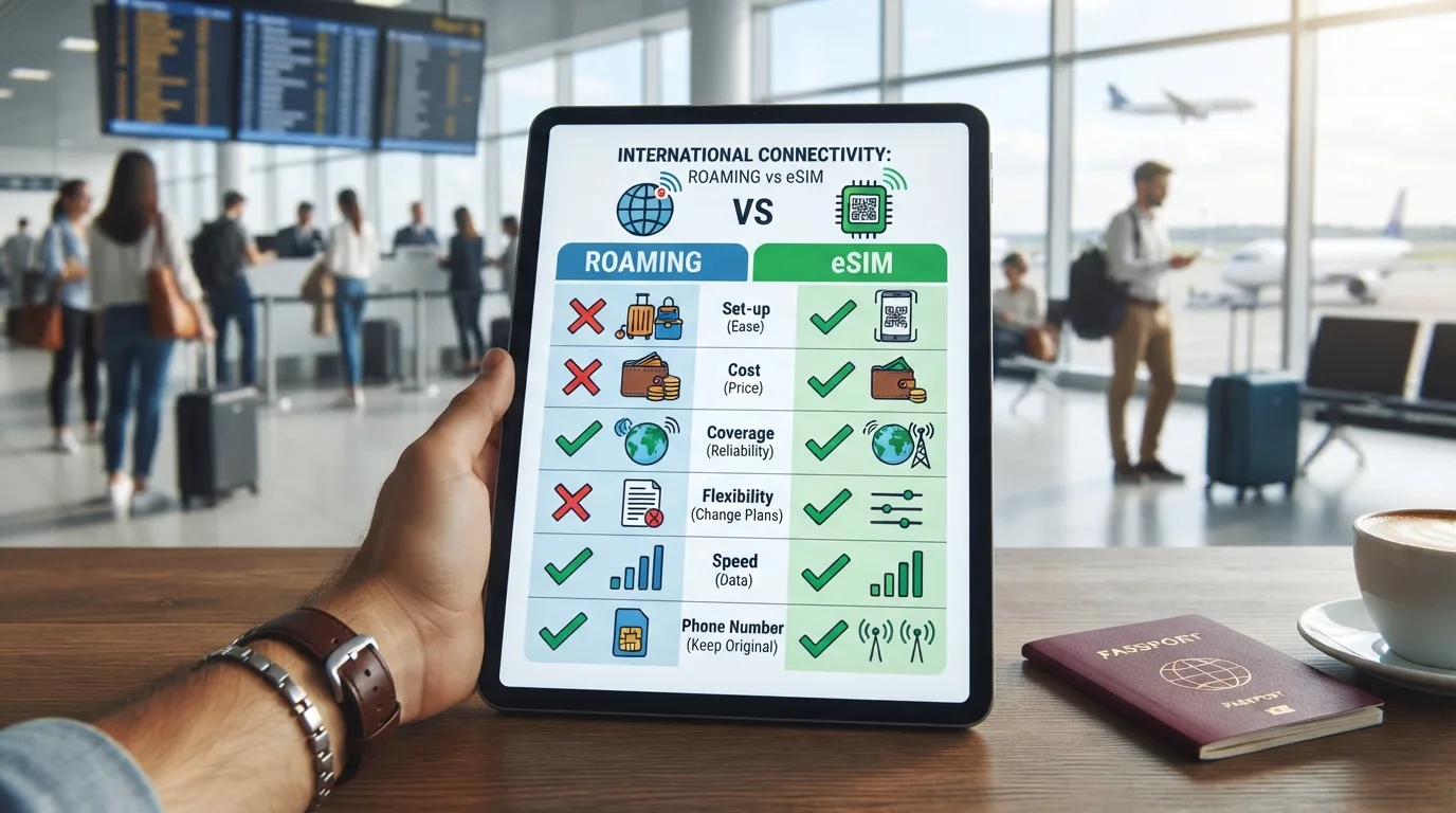 Un tableau comparatif illustrant les avantages et inconvénients du roaming Free Mobile et de l'eSIM pour la connectivité au Sénégal.