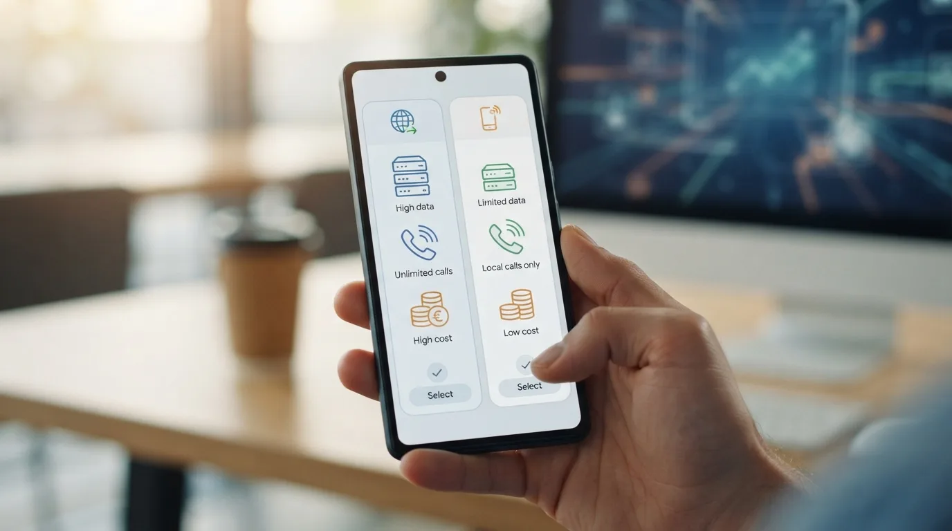 شاشة هاتف ذكي تعرض خيارات الاتصال، مع أيقونات تمثل التجوال وeSIM، لتوضيح مقارنة الخيارات.