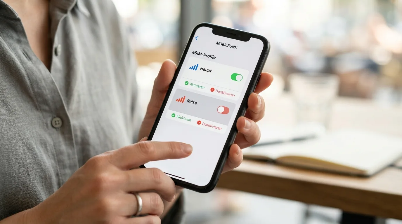 Nahaufnahme eines Smartphones, das die Einstellungen für die eSIM-Verwaltung anzeigt, mit einer Option zum Hinzufügen eines neuen Datentarifs.