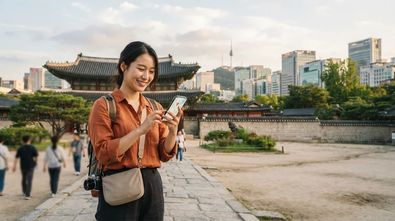 韓国の観光地でスマートフォンをチェックする旅行者