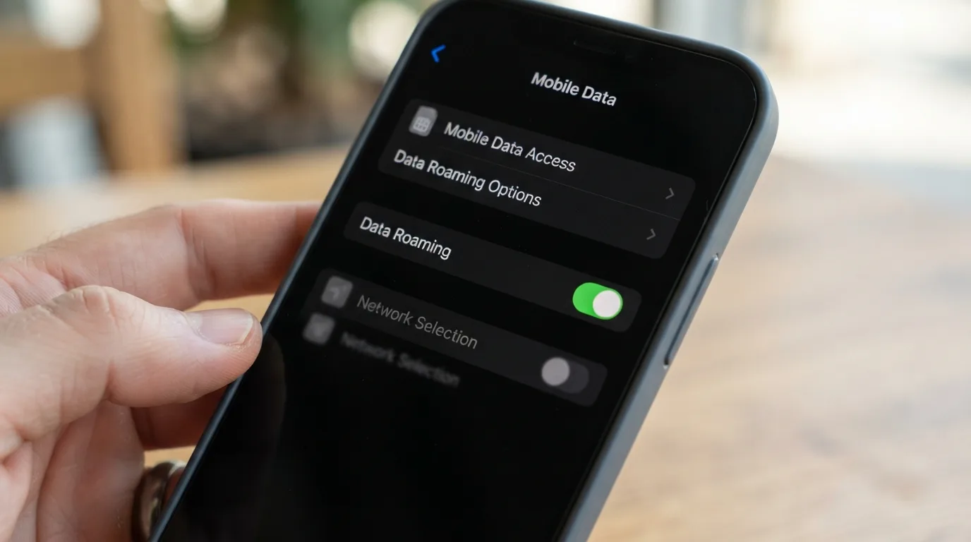 Nahaufnahme eines Smartphones, das die Einstellungen für Datenroaming anzeigt, mit einem Fokus auf die Aktivierung der Funktion.