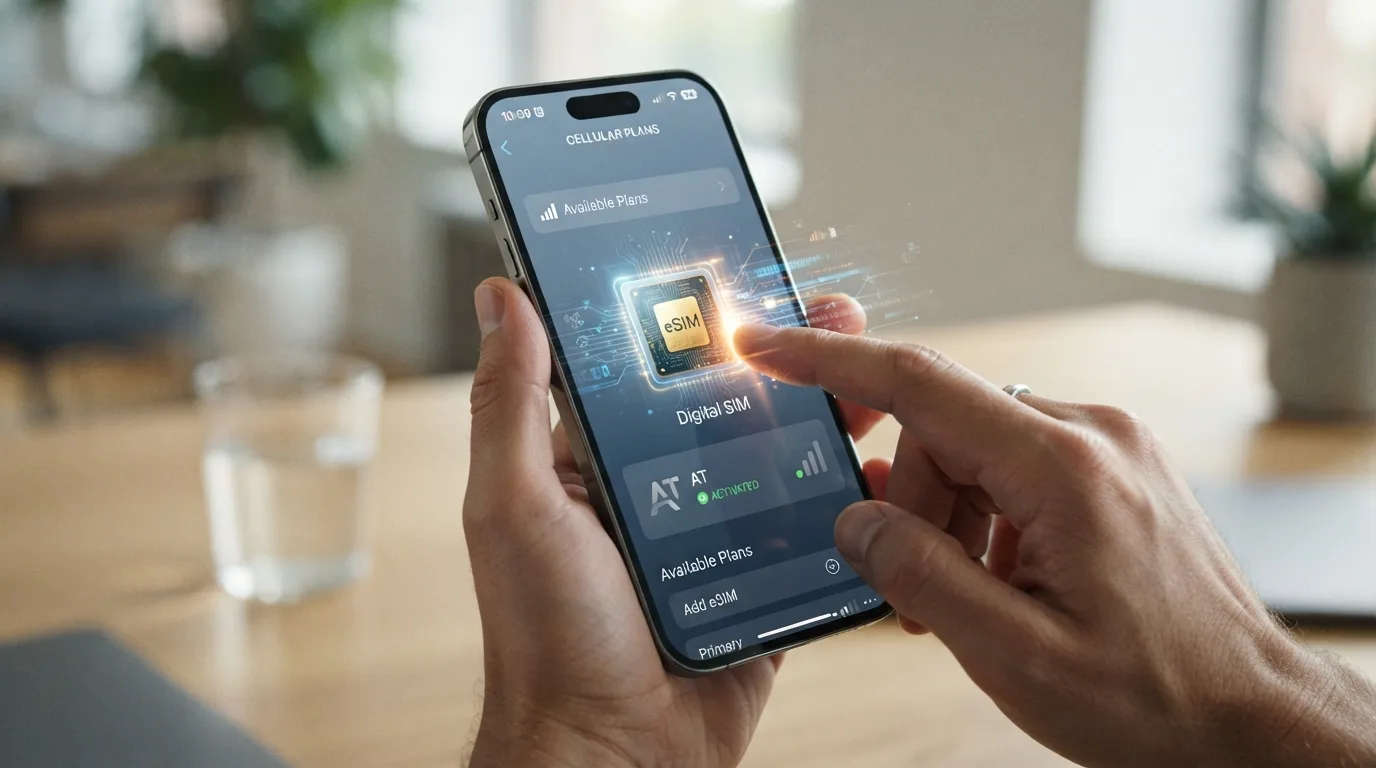 Eine digitale Darstellung einer eSIM, die in einem Smartphone-Bildschirm eingebettet ist, um die moderne Technologie zu symbolisieren.