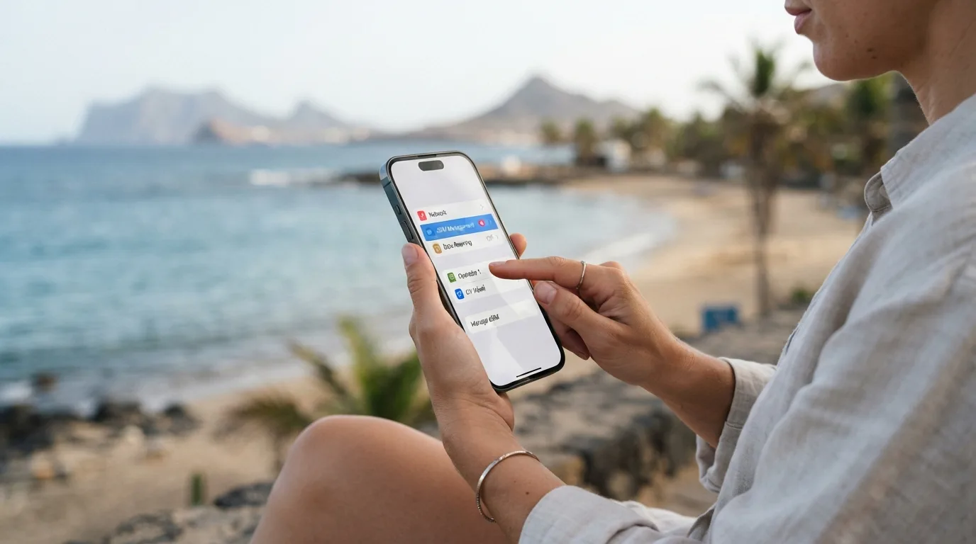 Una persona revisando la configuración de su teléfono móvil para activar una eSIM, con un mapa de Cabo Verde en el fondo, simbolizando la preparación del viaje.
