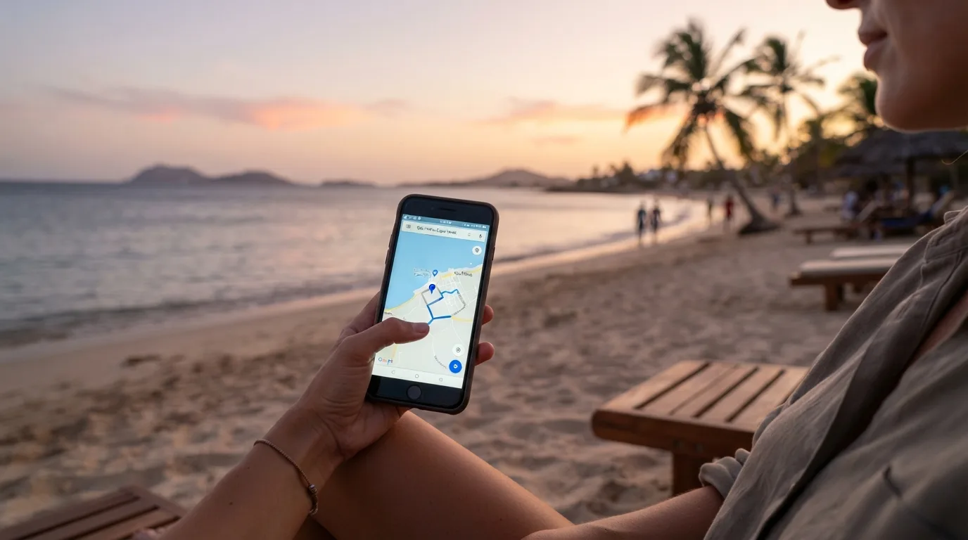 Un teléfono móvil mostrando una conexión de red estable en Cabo Verde, con un paisaje idílico de playa y océano al atardecer, representando la tranquilidad de estar conectado.