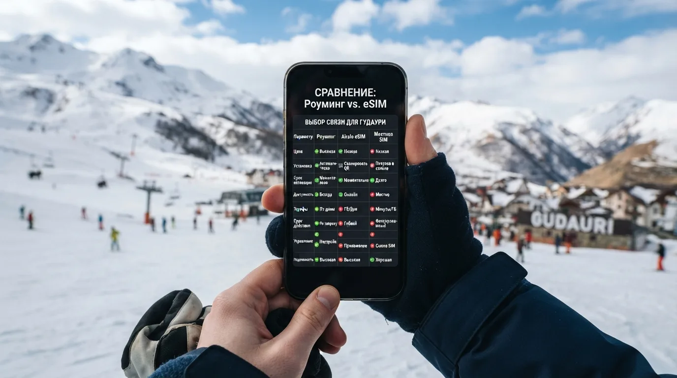 Сравнение роуминга и eSIM на экране смартфона на фоне заснеженных гор Гудаури.