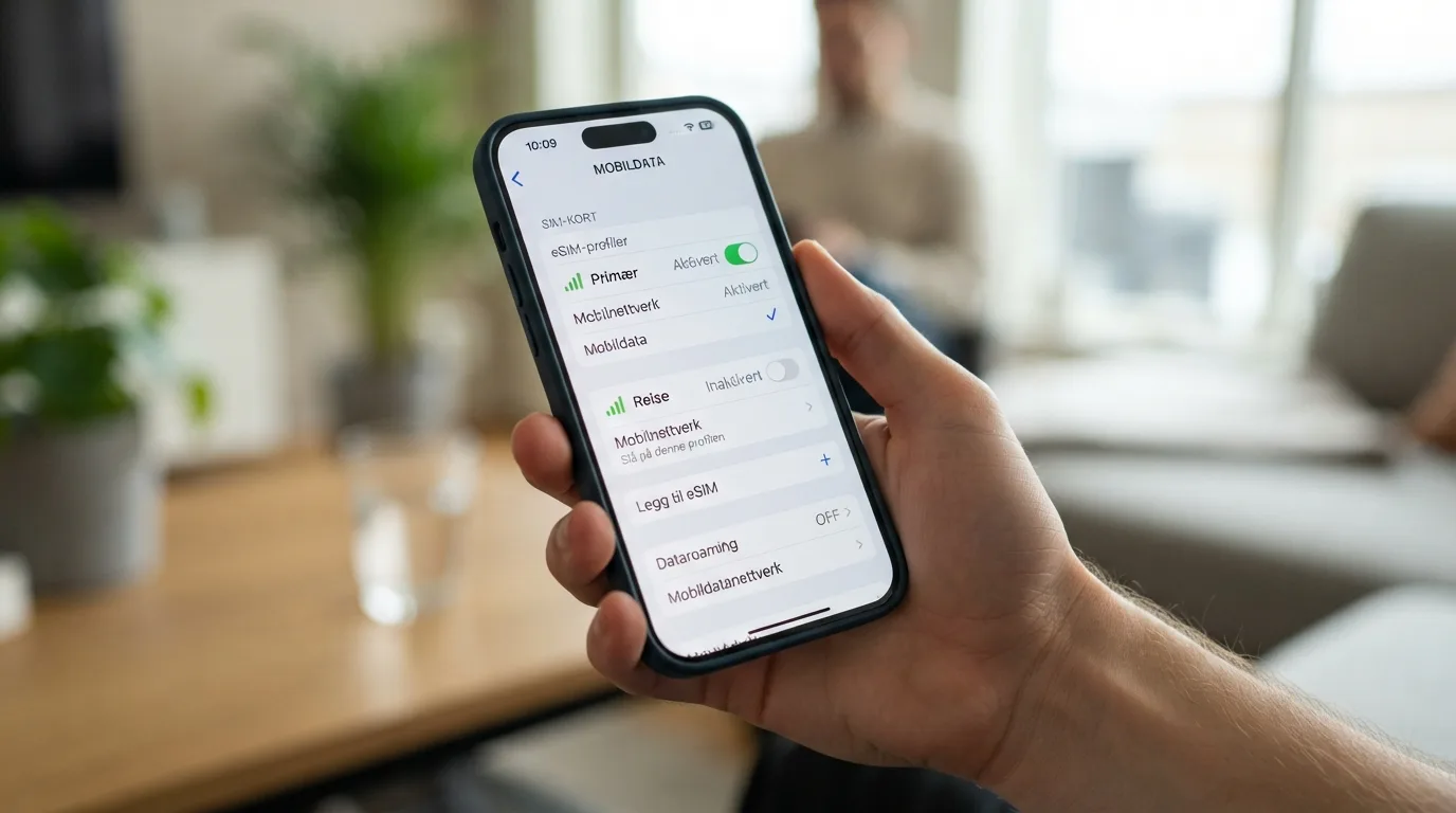 En hånd holder en smarttelefon som viser innstillinger for mobildata, med alternativer for å velge mellom forskjellige eSIM-profiler.