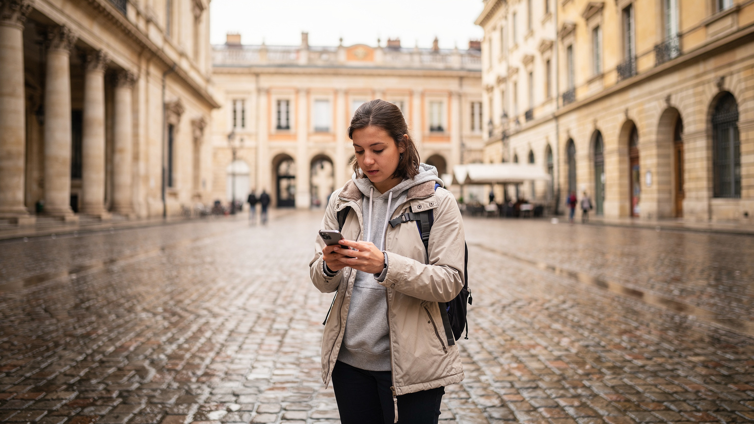Avrupa'da tarihi bir meydanda telefonunu kontrol eden ve yüksek hızlı 5G ağına bağlanan bir turist.