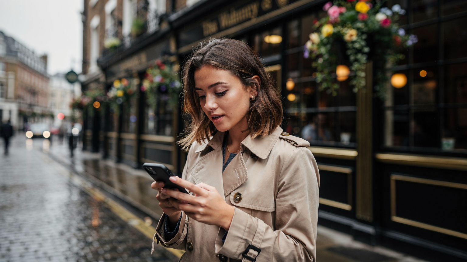 A traveler standing outside a traditional British pub looking at a map on their phone.