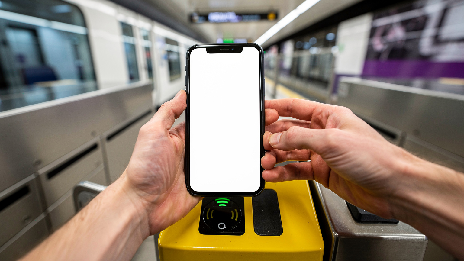 A commuter holding a smartphone at the ticket barriers of a modern London Underground station.