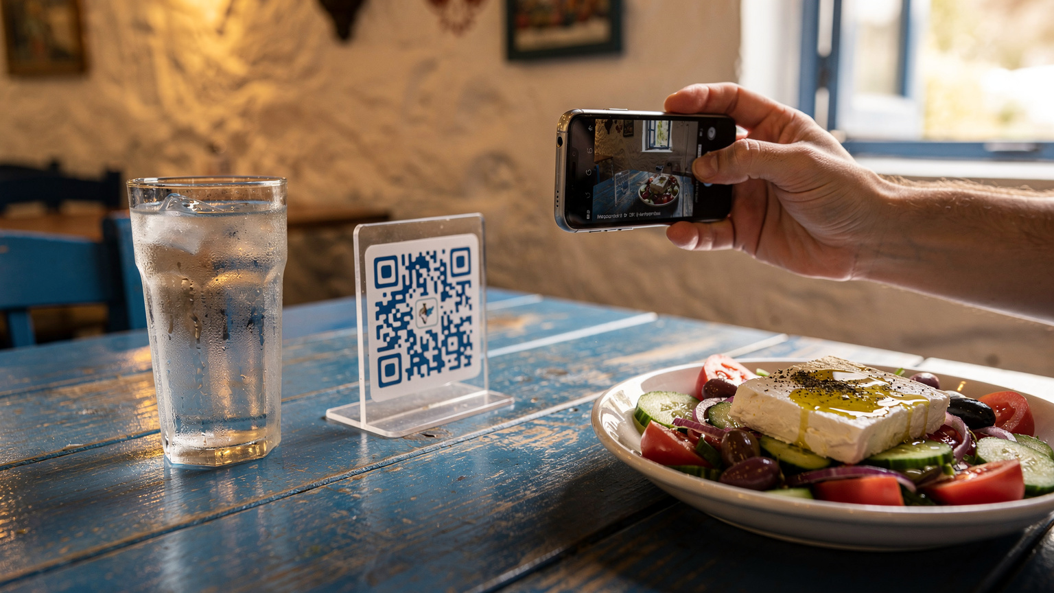 Scanning a QR code menu at a wooden table in a traditional Greek taverna.
