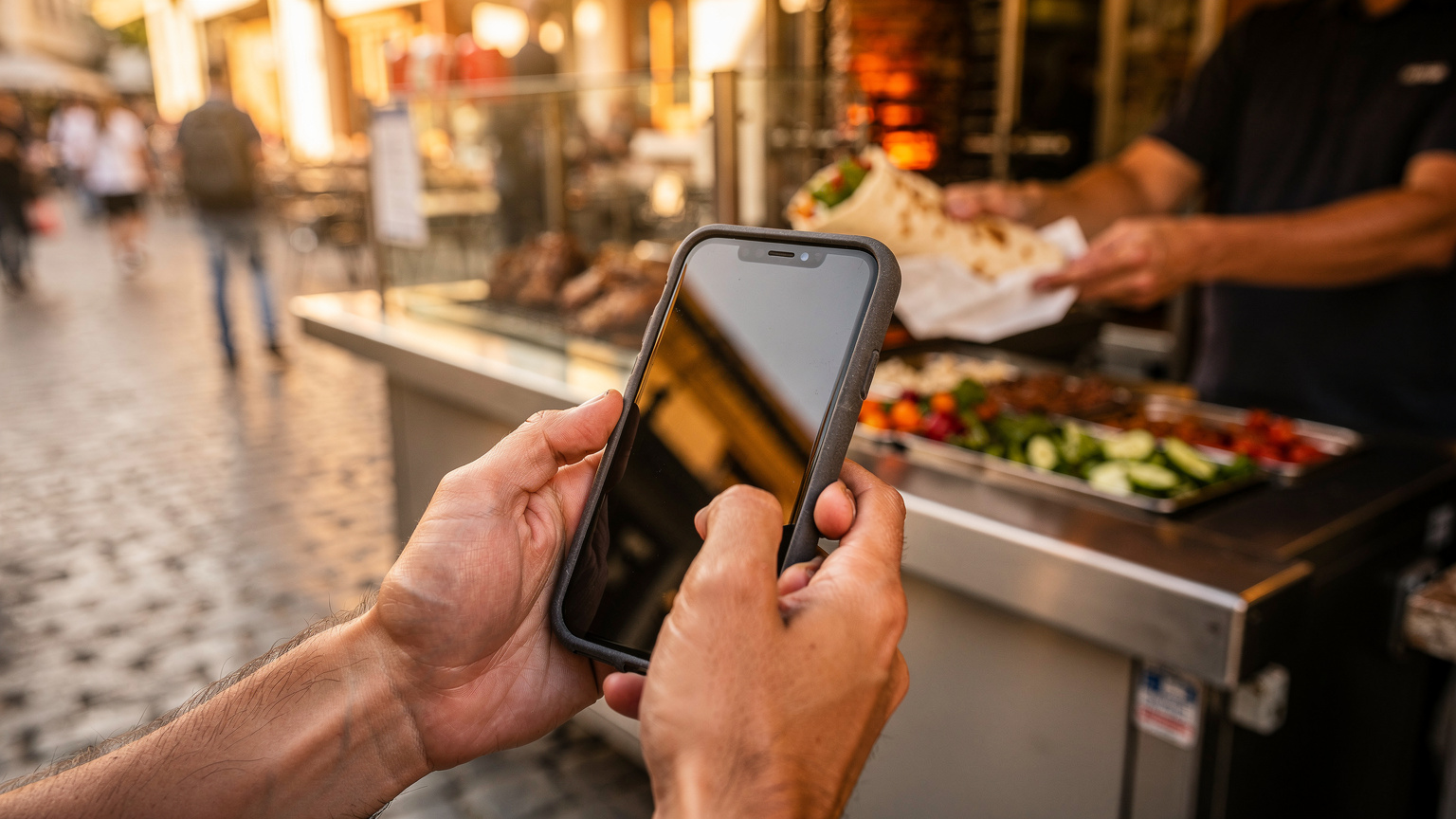 Close up of hands holding a smartphone while waiting for street food in Monastiraki square.