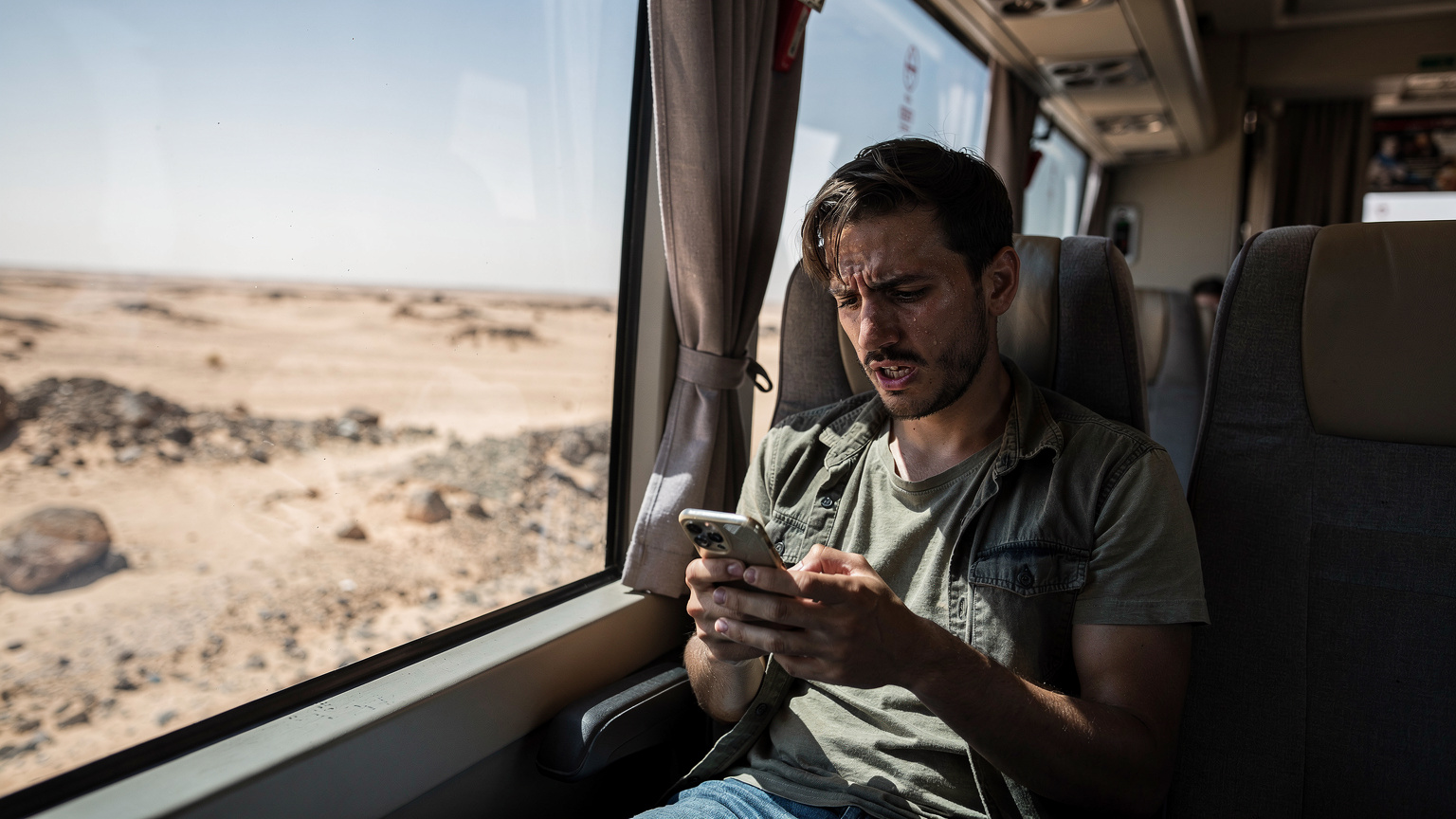 A frustrated traveler attempting to load a digital bus ticket while dealing with a dropped roaming connection.