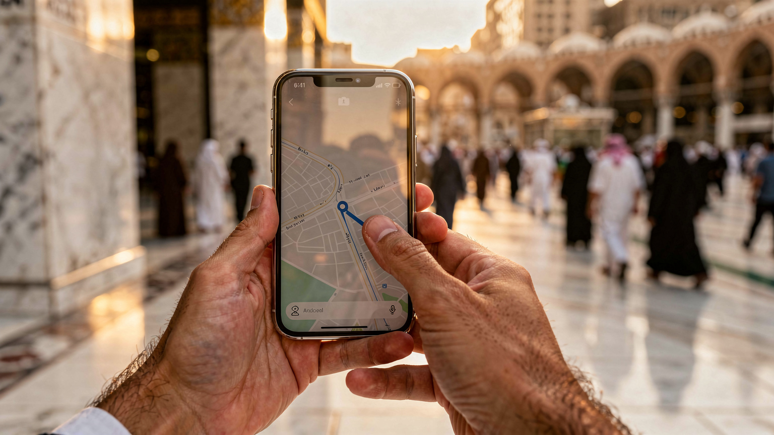 Navigating the complex streets around the Grand Mosque requires a reliable cellular connection for map routing.