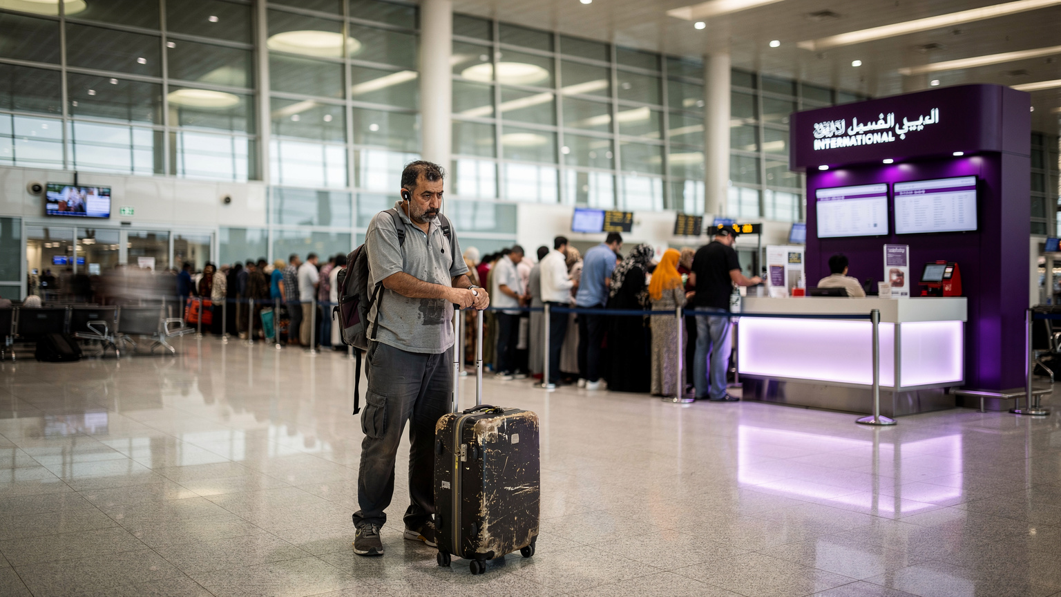 The chaotic arrivals area at King Abdulaziz International Airport where pilgrims face massive lines for basic services.