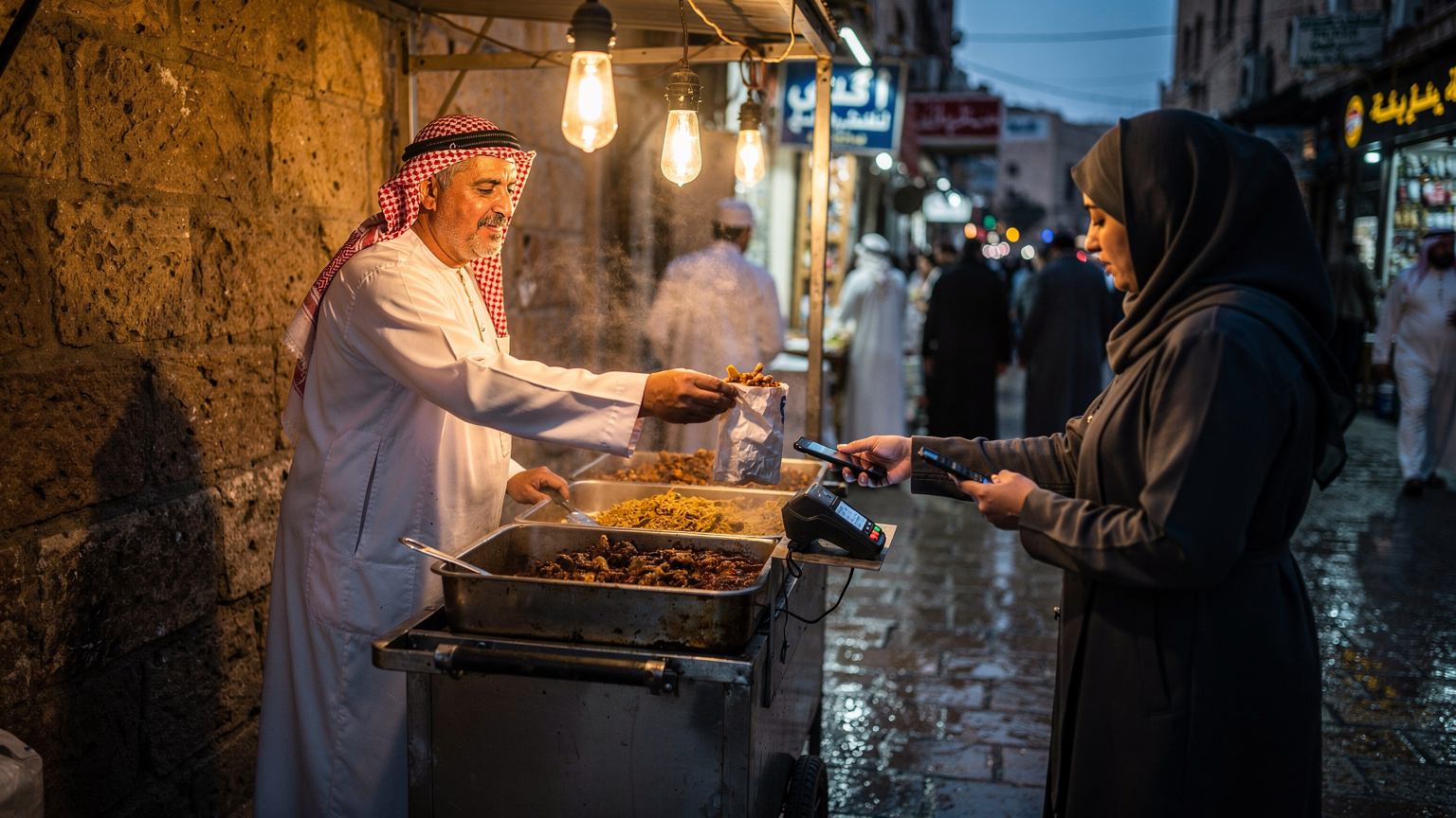 Purchasing street food in the crowded alleys requires quick access to banking apps and currency converters.
