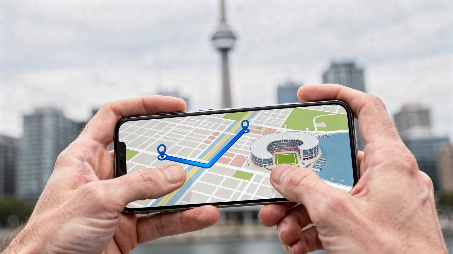 Ręce trzymające smartfon, na ekranie którego widać mapę Toronto z zaznaczoną trasą do stadionu, w tle rozmazana panorama miasta.