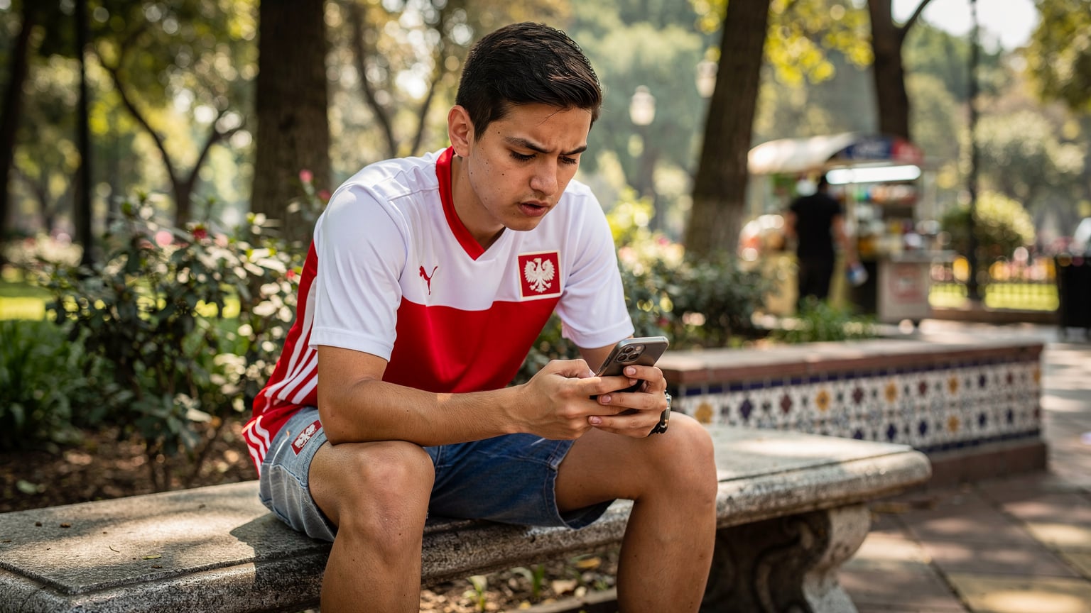 Młody kibic w koszulce reprezentacji Polski, siedzący na ławce w parku w Meksyku, z zamyśloną miną patrzący na smartfon, prawdopodobnie sprawdzający wyniki meczu lub szukający informacji.
