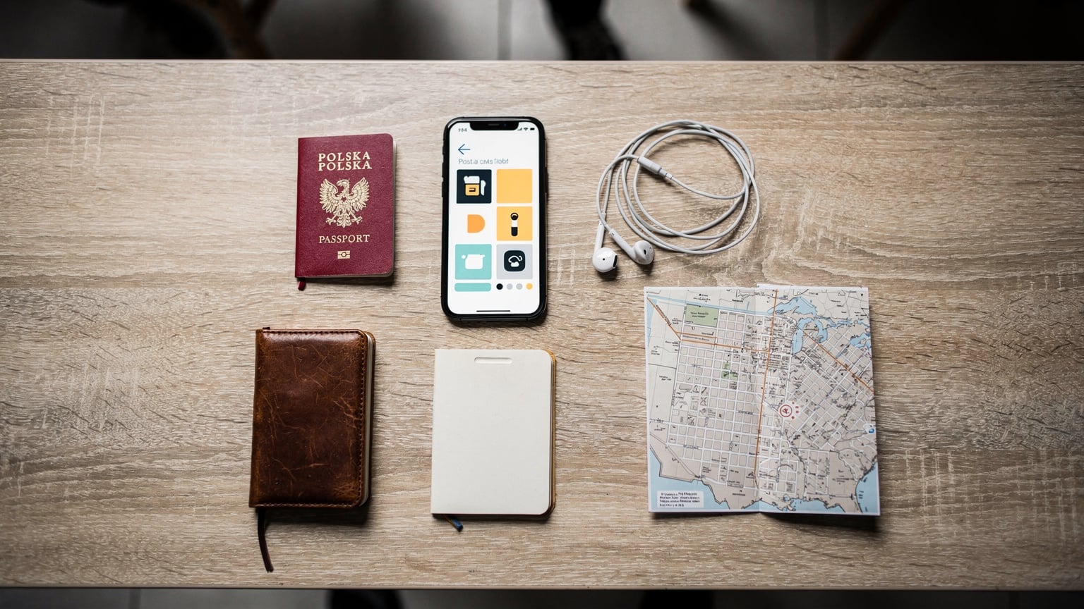 Zestawienie podróżnika na stole w hostelu: smartfon z widoczną aplikacją Cellesim, paszport, słuchawki, notatnik i mapa miasta.